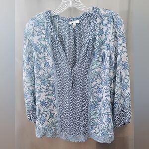 Joie Silk Peasant Top Blue Mixed Print XS
